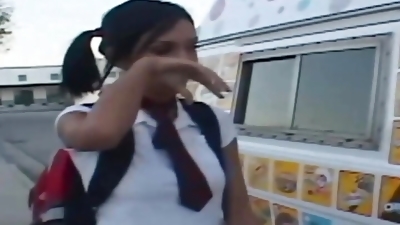 A slim German schoolgirl riding a thick cock in the back of a van