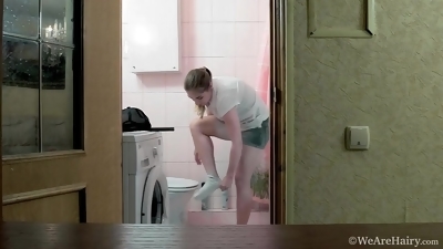 Wet Hairy Blonde Regina masturbating solo in bathtub - White Blouse Denim Shorts